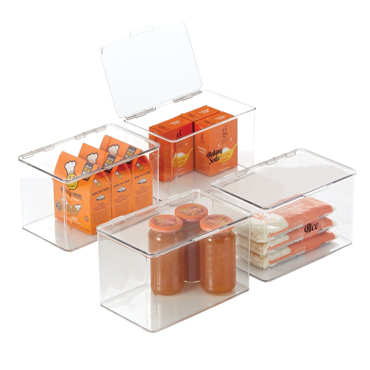 mDesign Small Plastic Stackable Kitchen Storage Box, 4 Pack + 32 Labels - Clear
